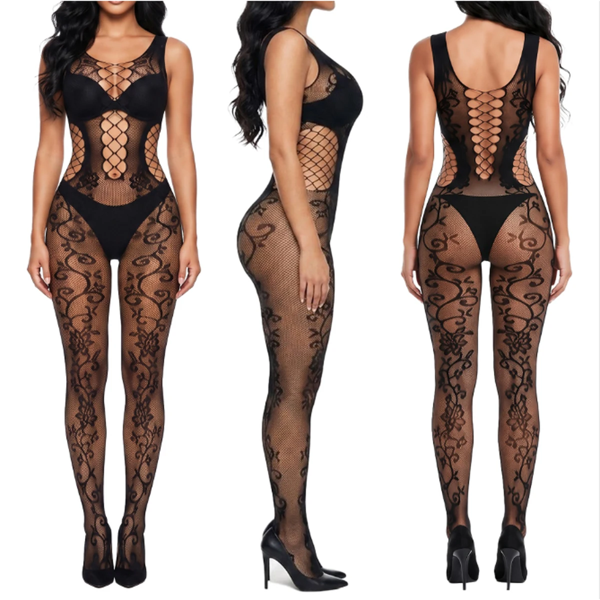 Black Cutout Fishnet Bodysuit
